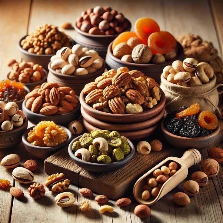 تصویر انواع آجیل مانند بادام، گردو، فندق و پسته به عنوان میان وعدهای مقوی و مناسب برای کار و مدرسه