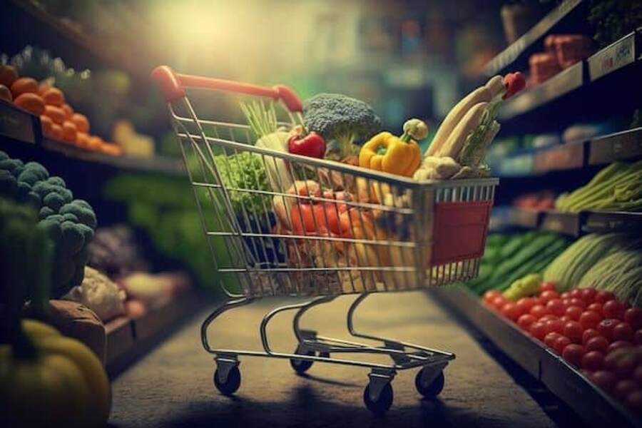 تصویر سبد خرید پر از مواد غذایی متنوع برای خرید هوشمندانه