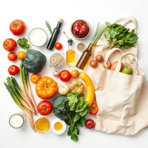 تصویر سبد خرید شامل مواد غذایی ارگانیک و بسته‌بندی‌های سازگار با محیط‌زیست